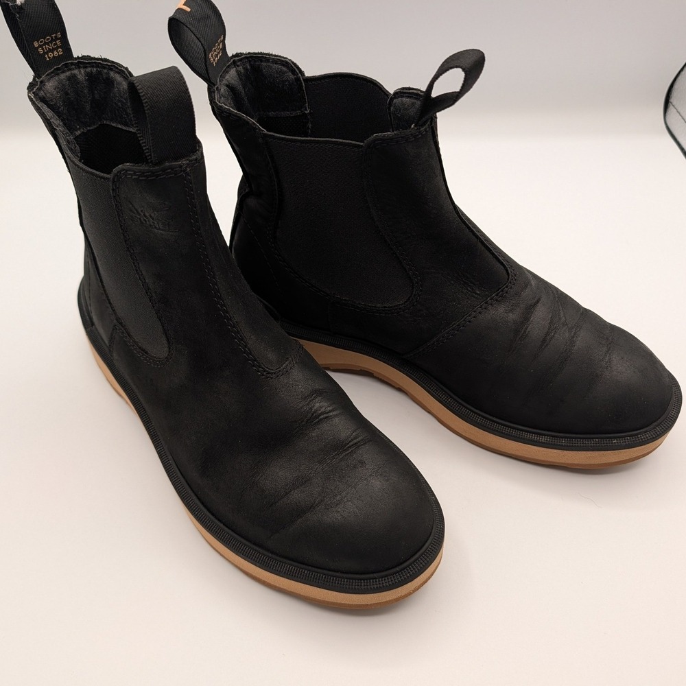 Sorel Lennox Chelsea Boots Black Leather Waterproof Lug Sole NL4870-010 Womens 8